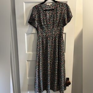 LOFT Size 2. Black floral midi dress with v-neck top and side-front slit